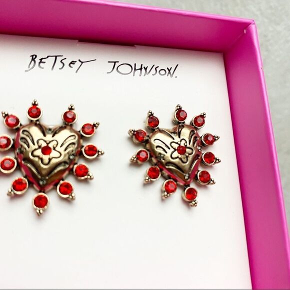 Betsey Johnson Gold Heart Red Stones Earrings - Picture 8 of 8